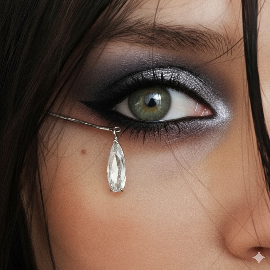 Close-up of a woman's eye with smoky eye makeup and a diamond earring.