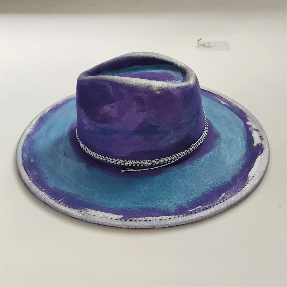 Purple and blue hat with a white rim on a white background