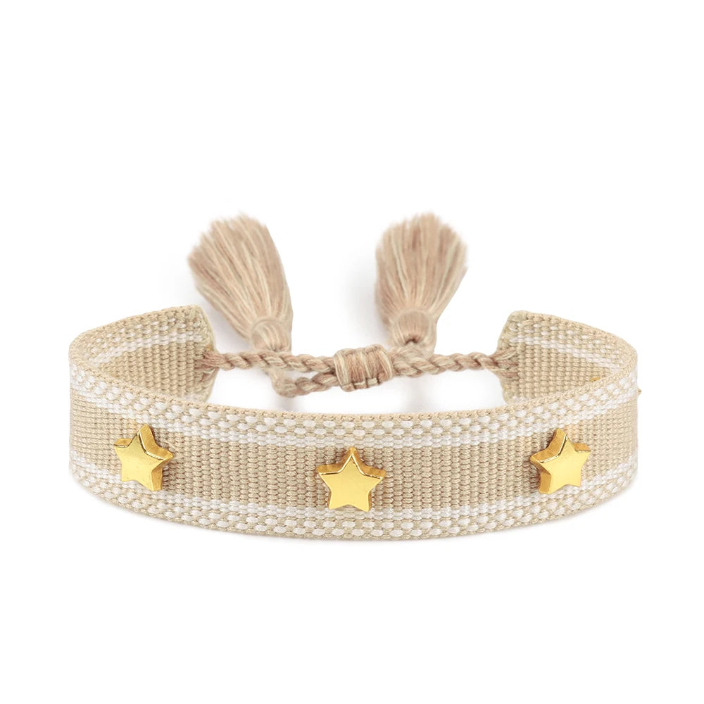 TABITHE Woven Bracelet – Adjustable Cotton Charm with Star & Moon Studs