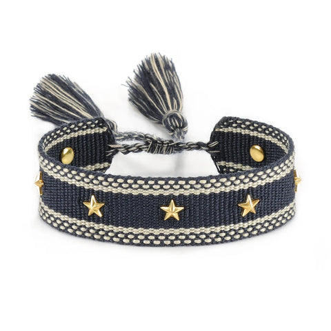 TABITHE Woven Bracelet – Adjustable Cotton Charm with Star & Moon Studs