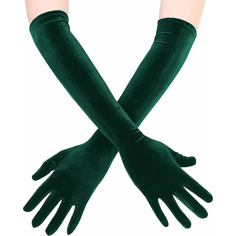 Green elbow-length gloves worn by a person on a white background