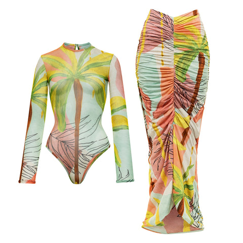 MIA Swim Set – Printed Long Sleeve Swimsuit + Mesh Skirt